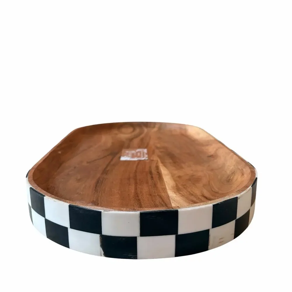 Black & White Checkered Enameled Mango Wood Serving Tray 17x9 Made In India NEW